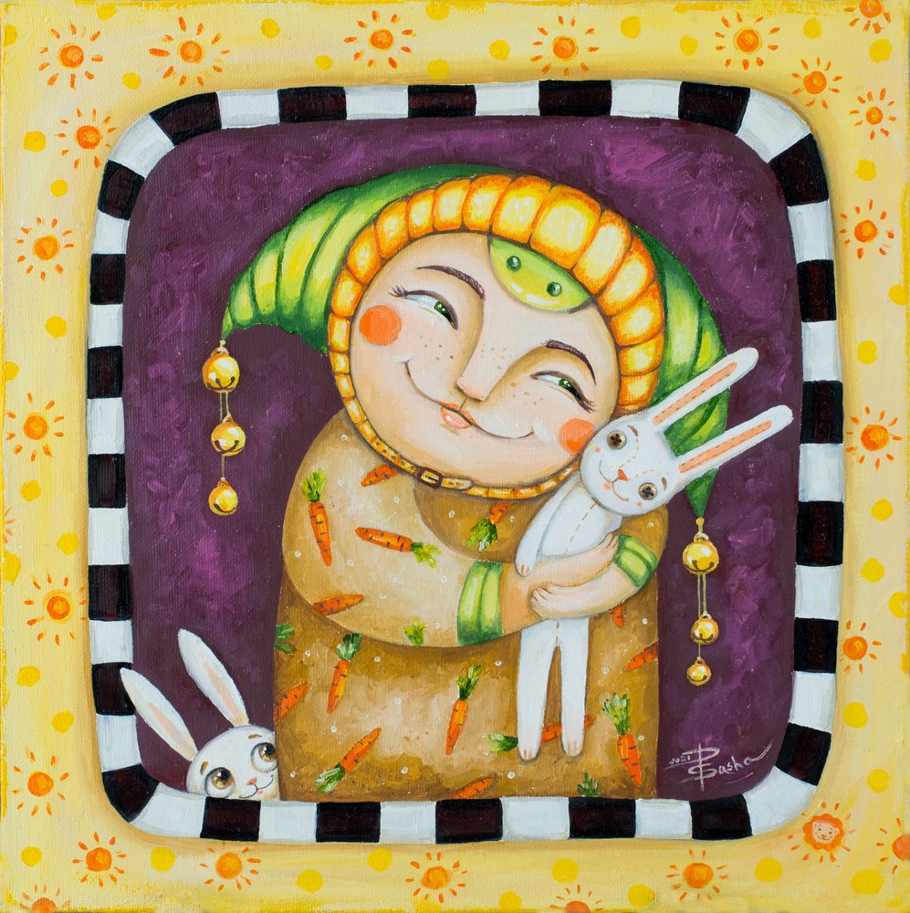 笑顔のキャラクターとウサギたち 作： 