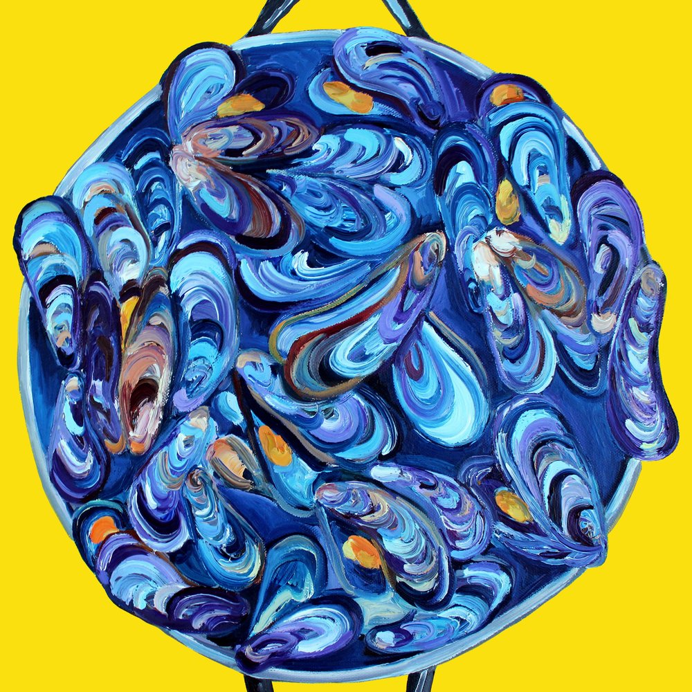 鮮やかな青色のムール貝 作： 