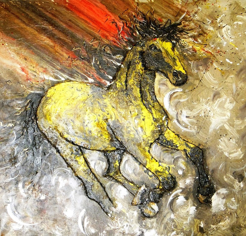 躍動感あふれる黄色い馬 作： 