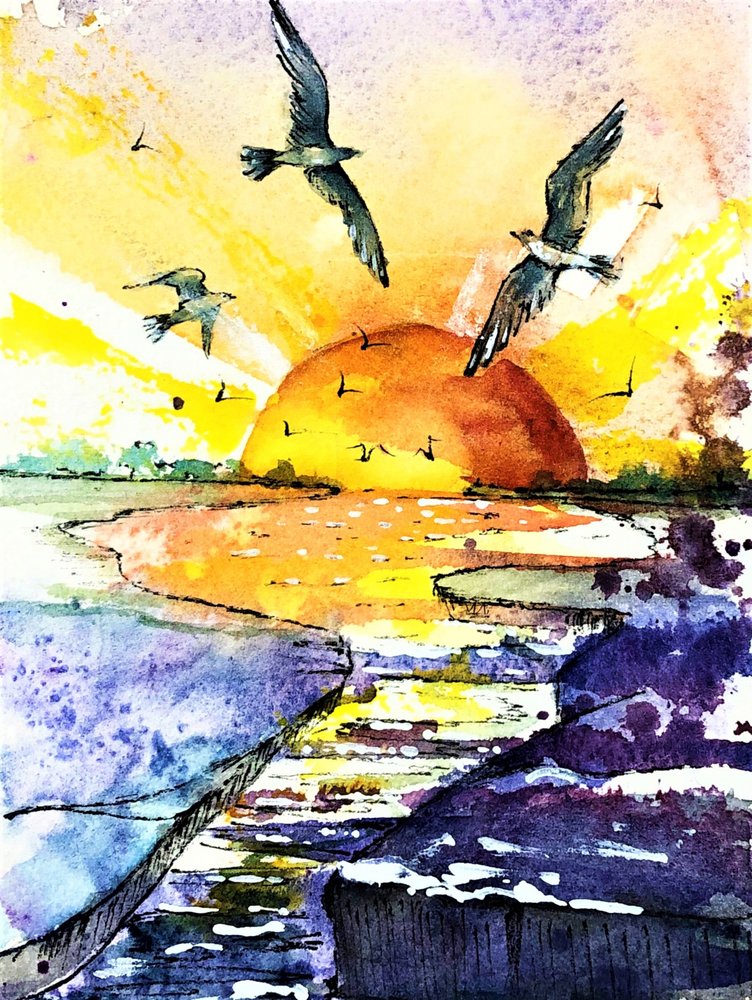 鮮やかな海に沈む夕日 作： 