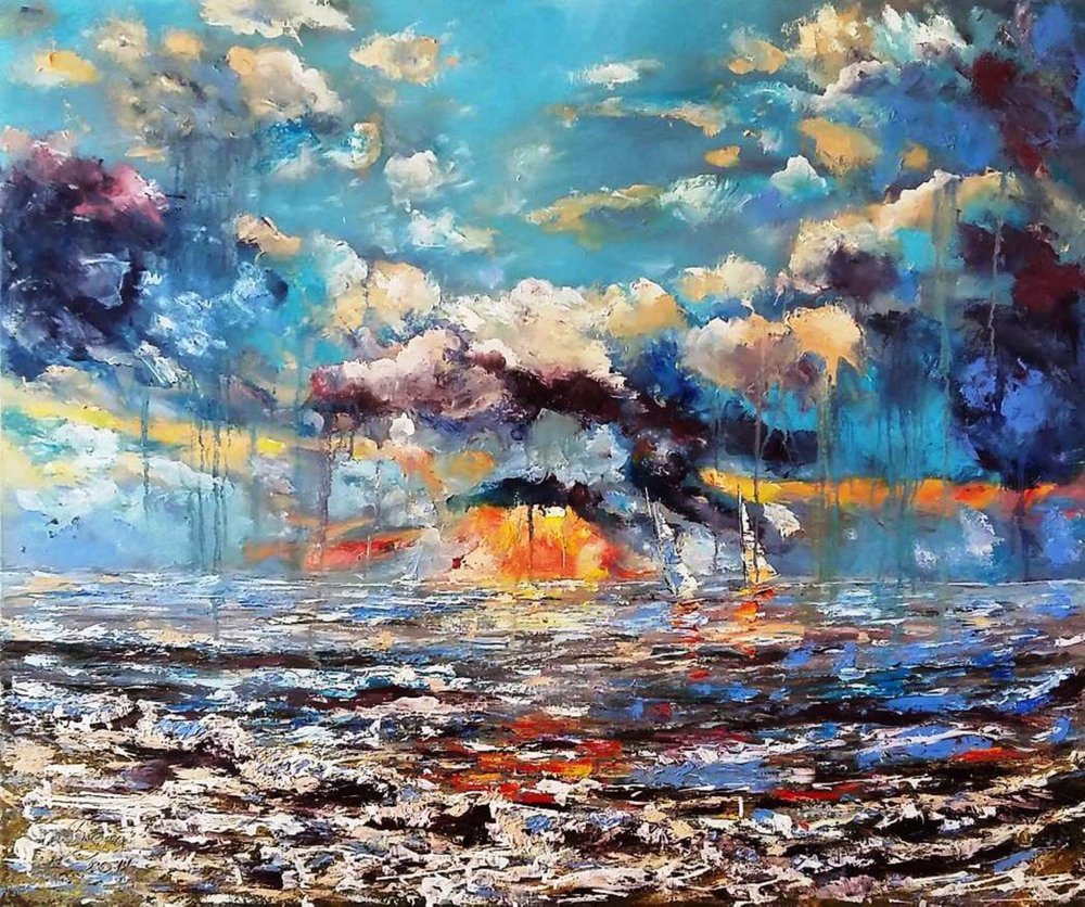 鮮やかな夕焼けの海景色 作： 