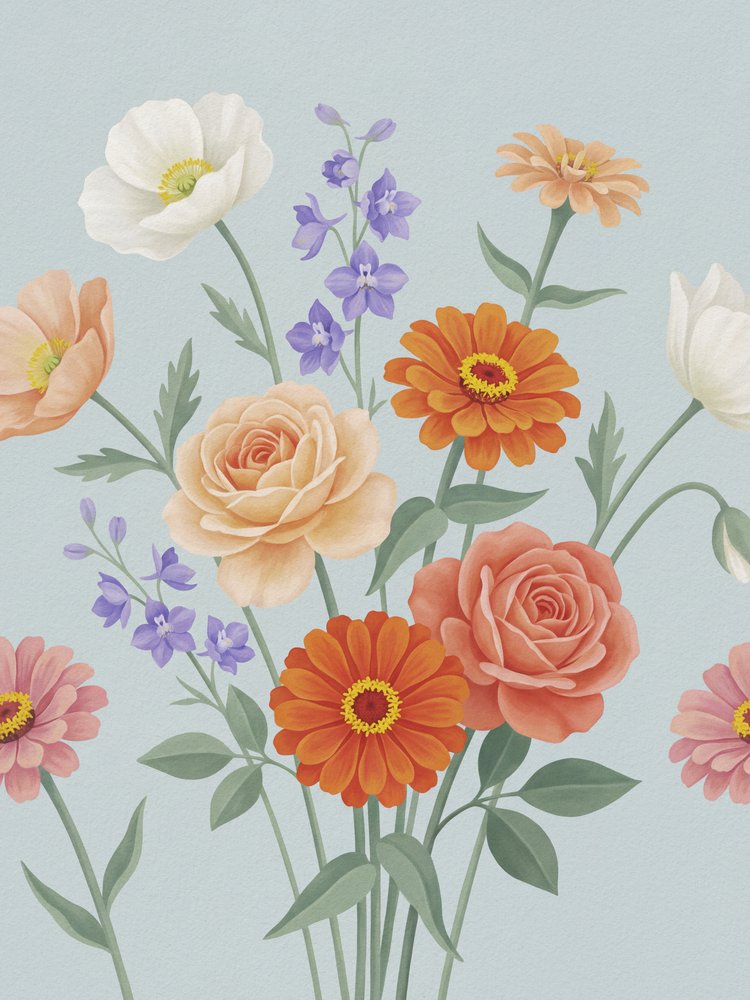 色とりどりの花が咲き誇る庭 作： 
