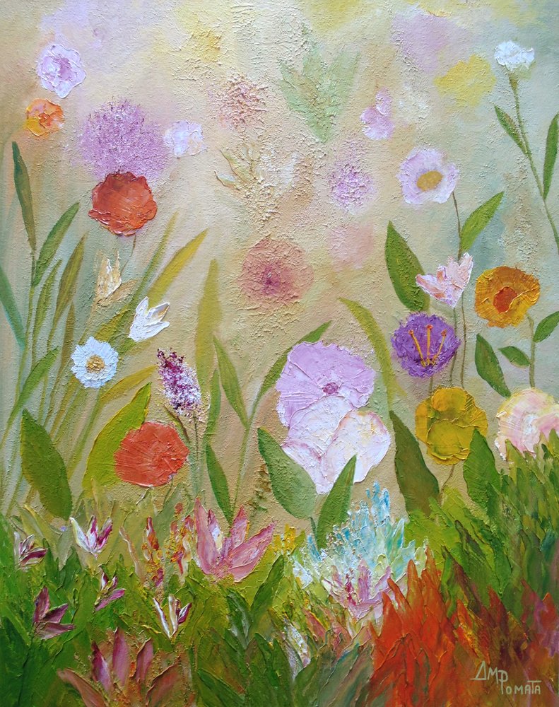 色とりどりの花が咲き誇る庭 作： 
