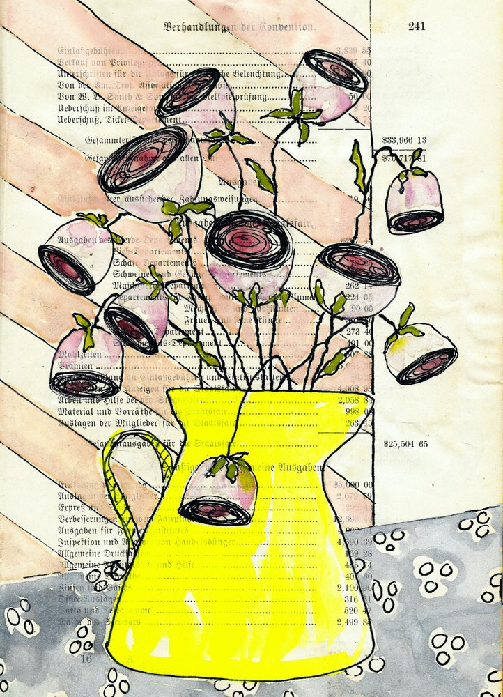 ピンクの花が咲く黄色いピッチャー 作： 
