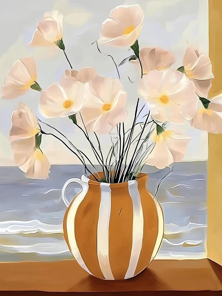 海岸沿いの窓に咲く花々 作： 