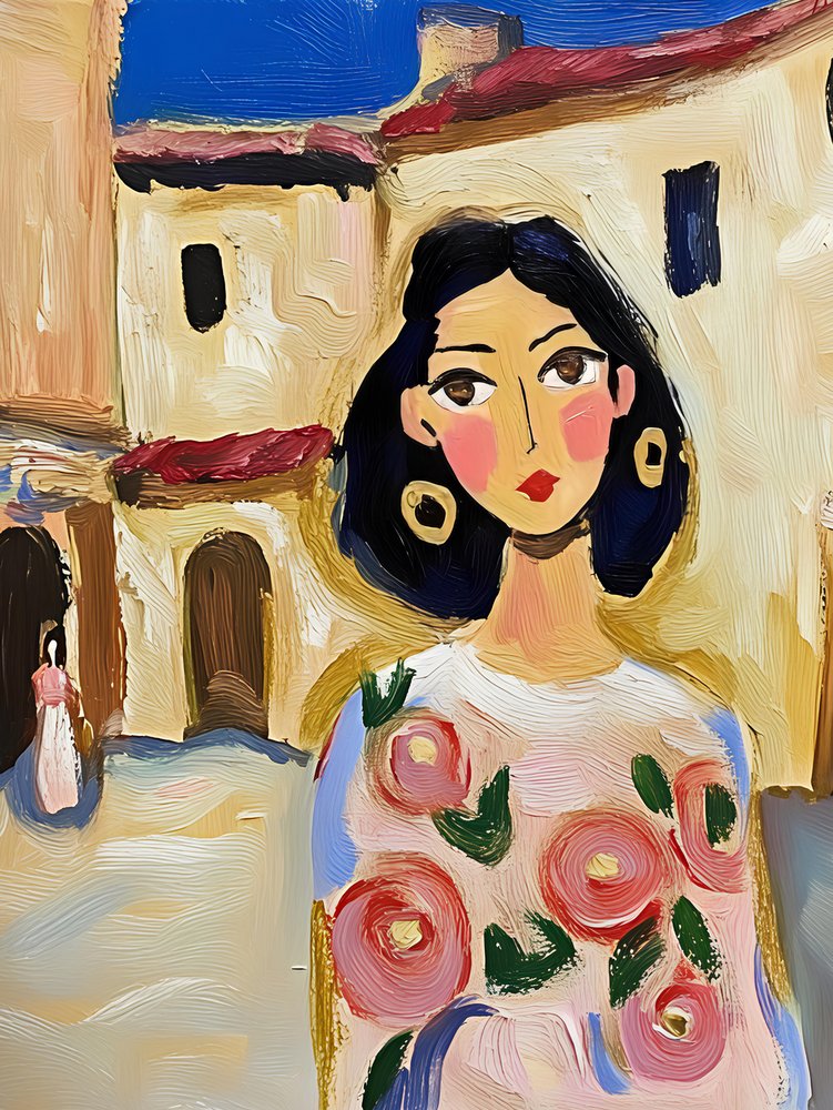 花柄の服を着た町の女性 作： 