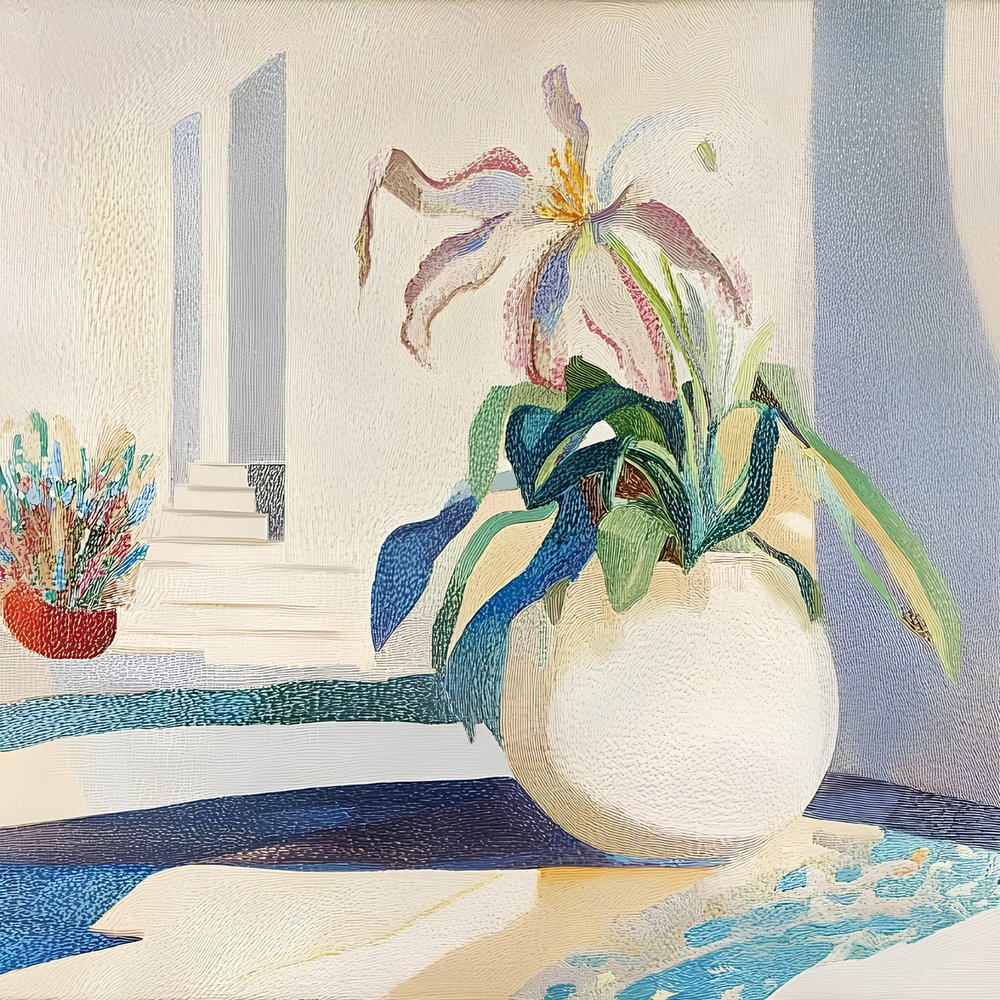 鉢植えのユリと階段 作： 