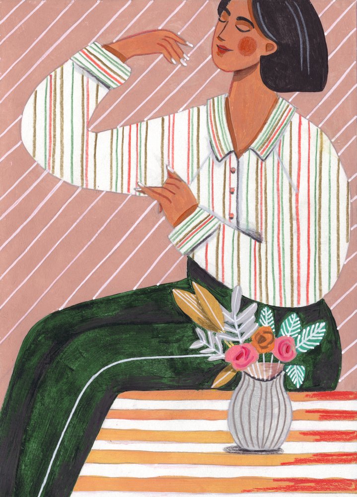 ストライプのシャツと緑のパンツを履いた女性 作： 