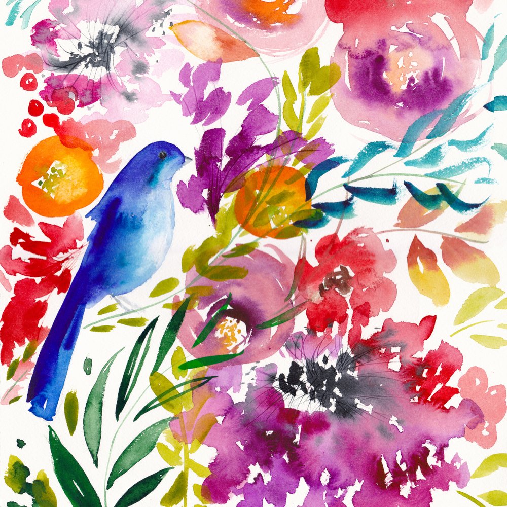 鮮やかな花と鳥 作： 