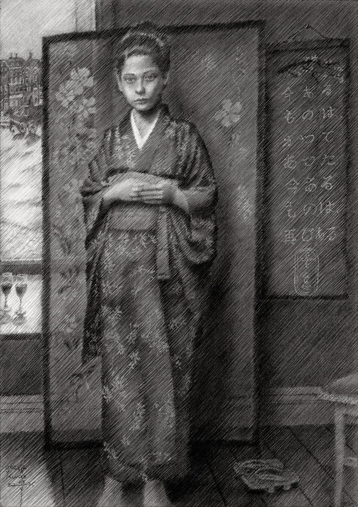 物思いにふける着物の少年 作： 