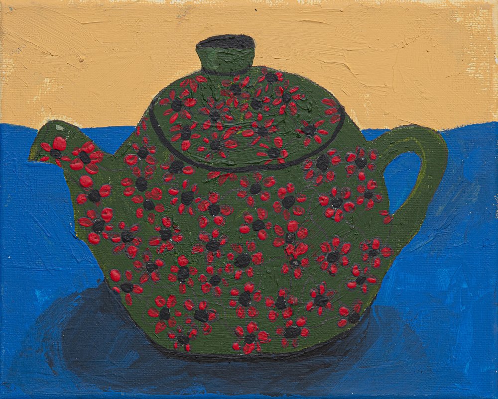 緑の花をあしらったティーポットの静物画 作： 