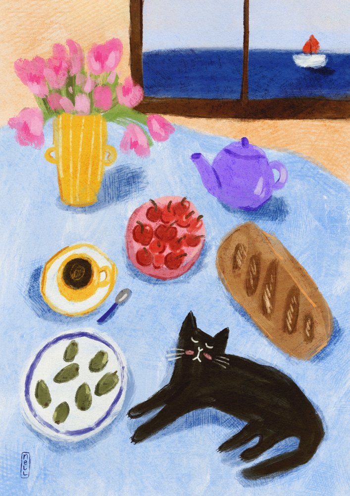 海辺でくつろぐ猫の朝食 作： 