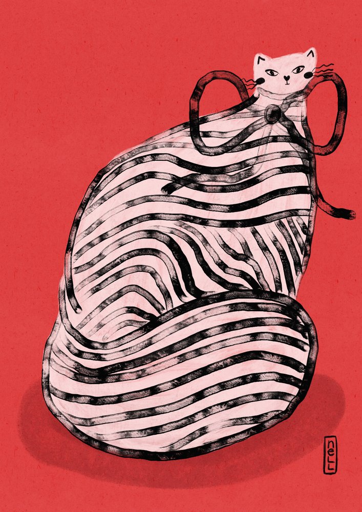 遊び心あふれる赤い縞模様の猫 作： 