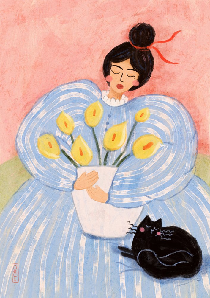 花と猫を連れた女性 作： 