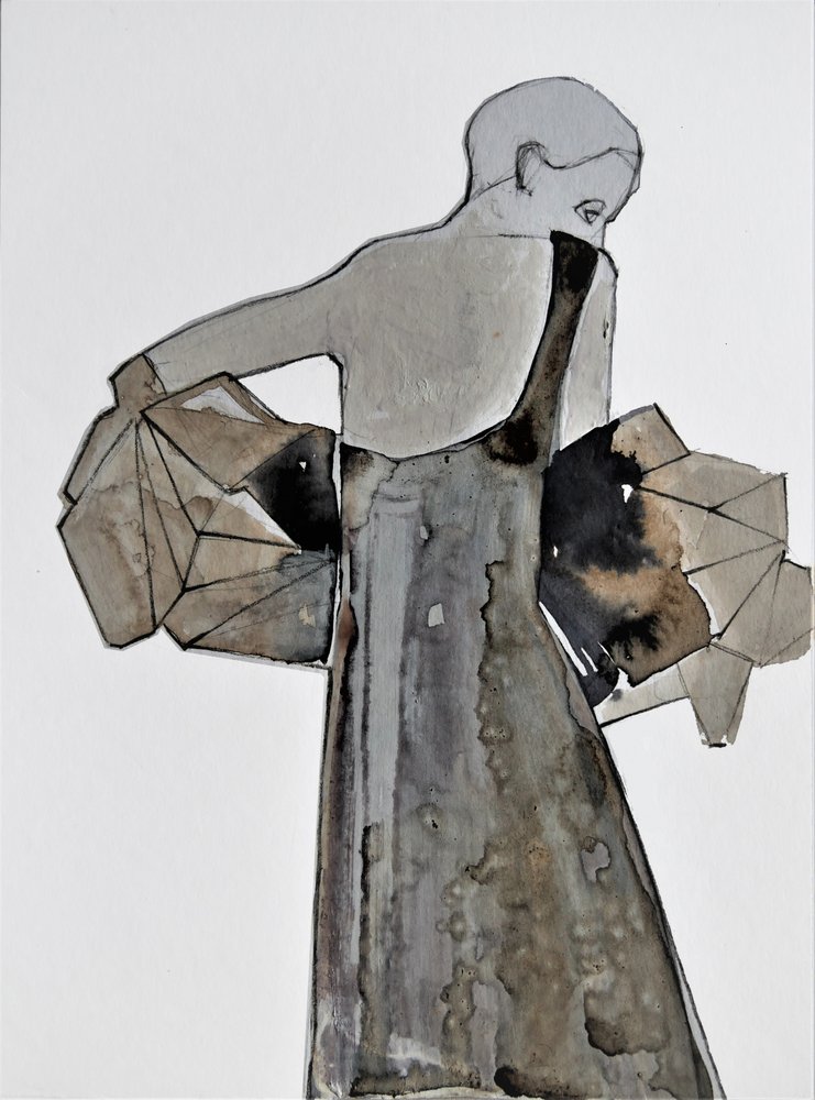 灰色の服を着た物思いにふける女性 作： 