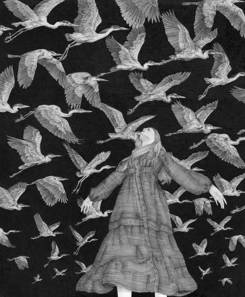 空を舞うサギたちと、幻想的な女性 作： 