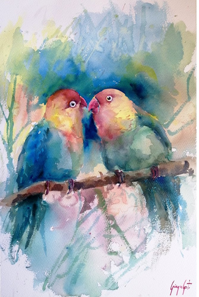 カラフルなインコの水彩画 作： 