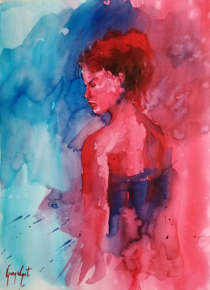 赤と青の女性の肖像画 作： 
