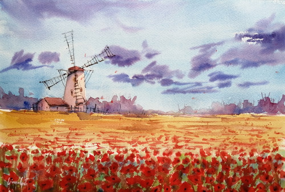 色鮮やかな風車とポピーの花畑 作： 