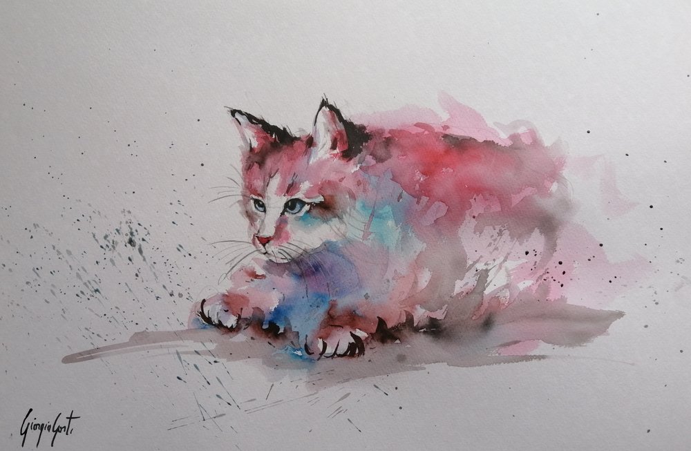 水彩画の子猫の水遊び 作： 