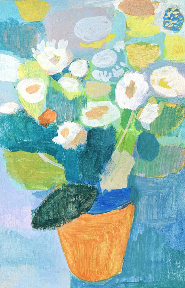 色とりどりの鉢植えの花 作： 