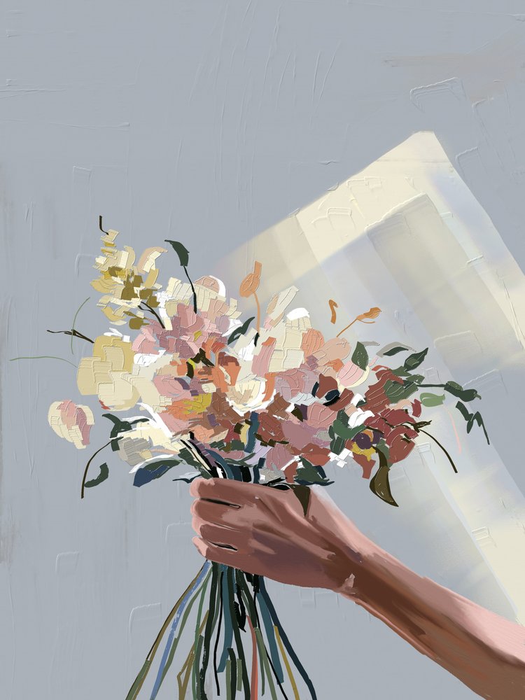 パステルカラーの花を抱えた手 作： 