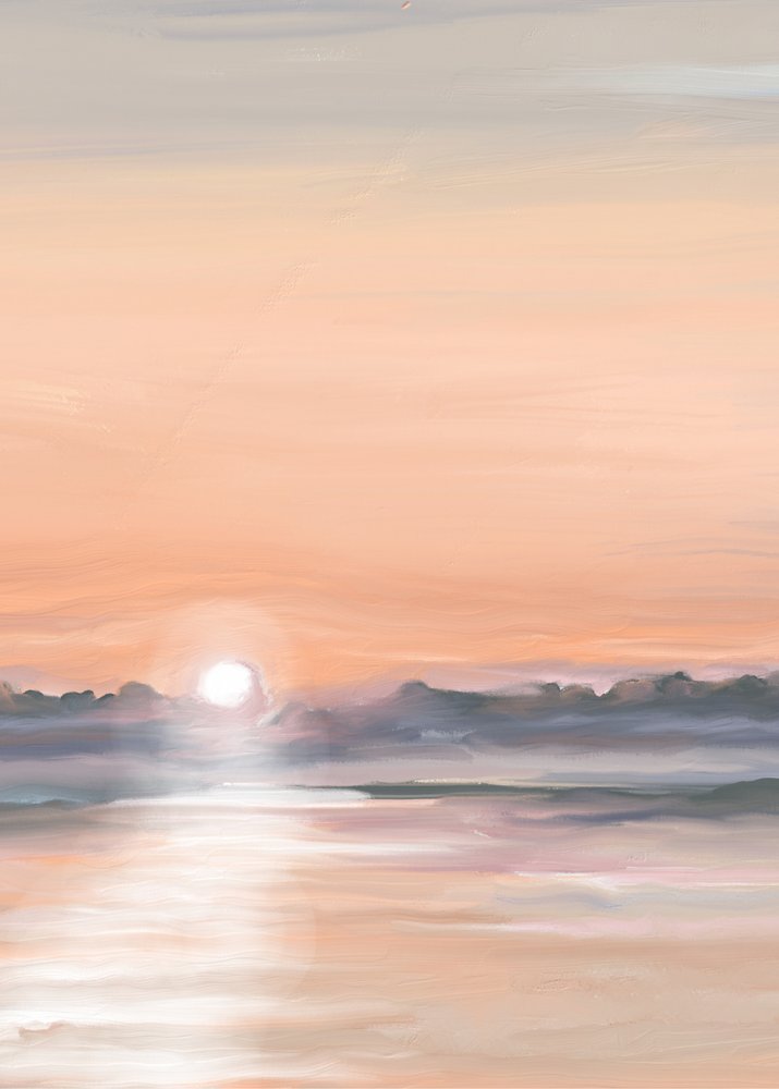 穏やかな夕日の水面に映る景色 作： 