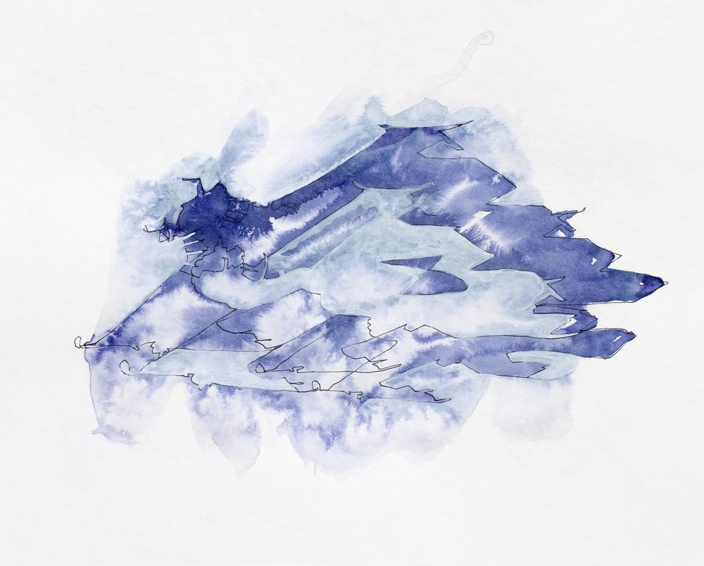 青い水彩画の山々 作： 