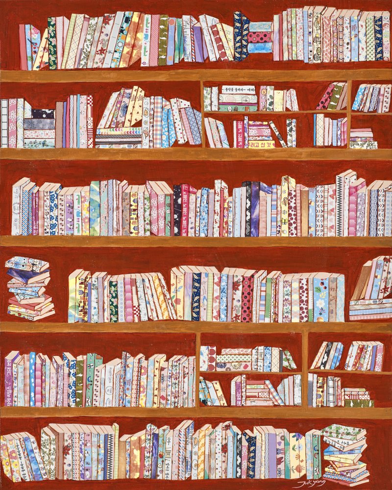 カラフルな柄の書棚 作： 