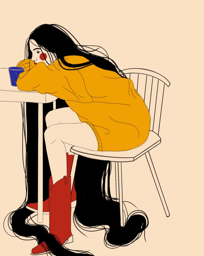 物思いにふける女性（ロングヘア） 作： 