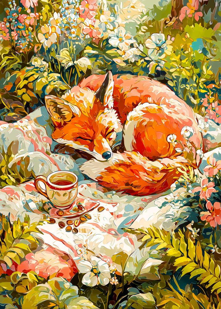 お茶を飲む眠るキツネ 作： 