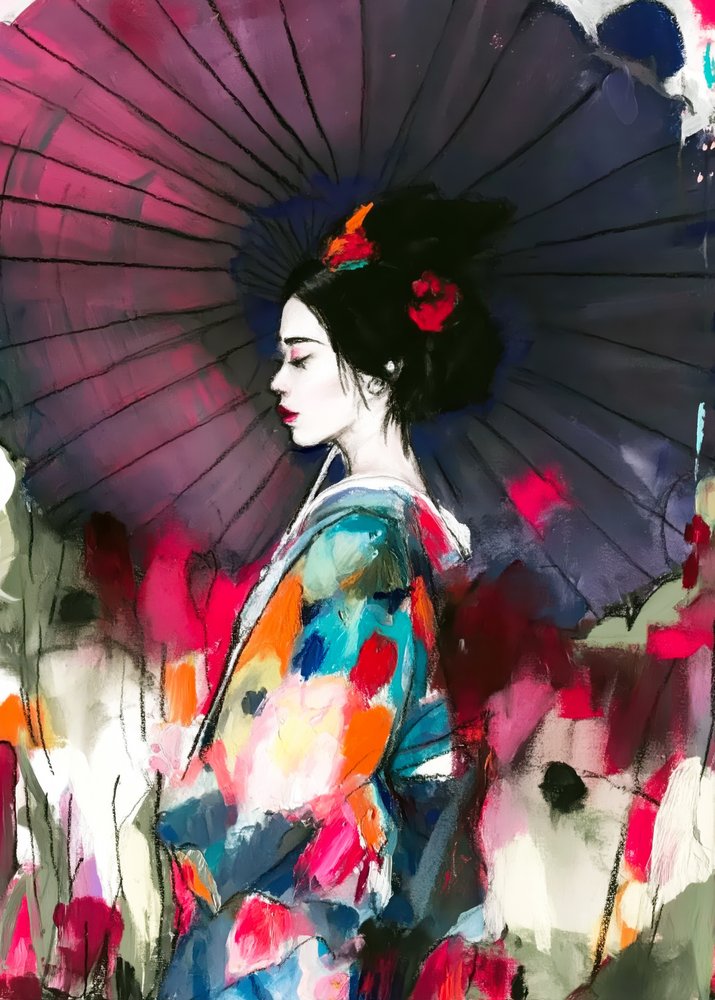鮮やかな色合いの芸者の傘を手にした肖像画 作： 