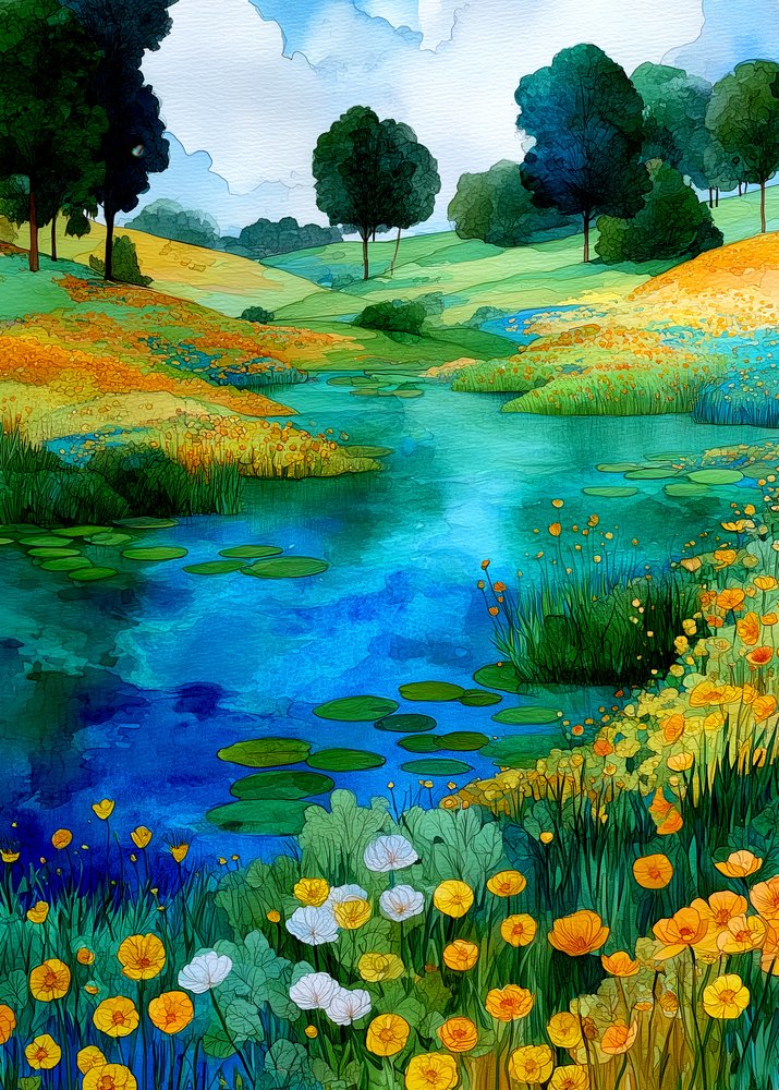 生き生きとした池の風景 作： 