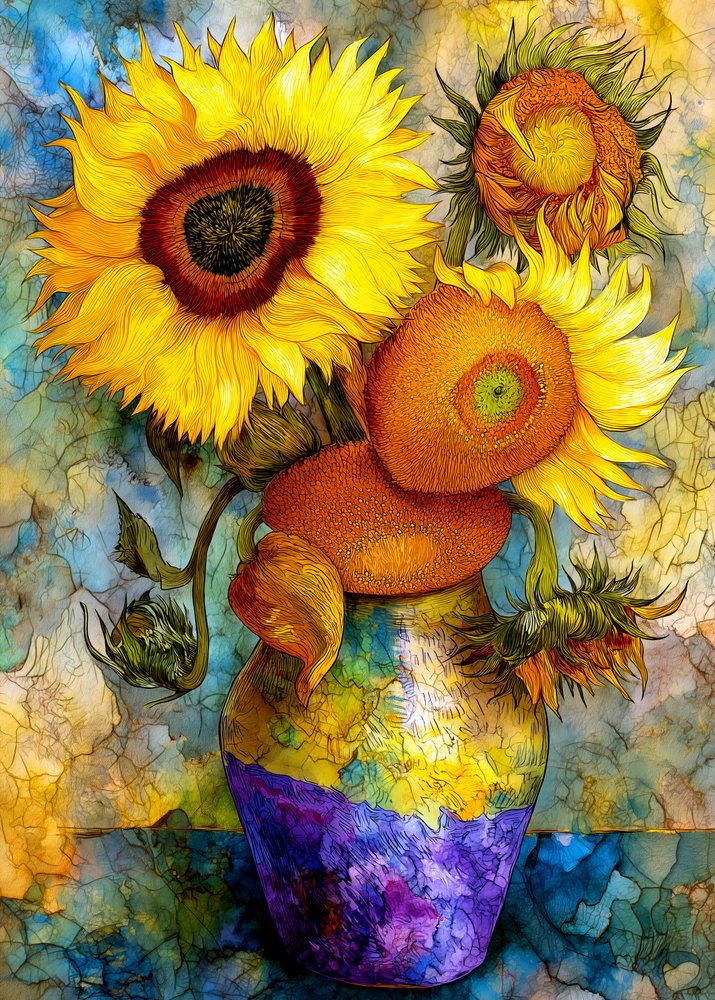 鮮やかなひまわりの静物画 作： 
