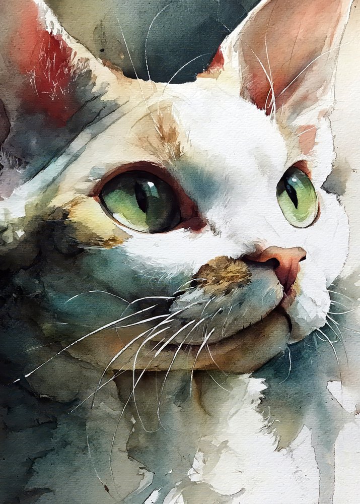 水彩画「緑の瞳の猫」 作： 