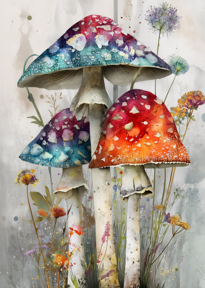 遊び心あふれる水彩画のキノコ 作： 