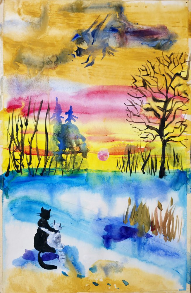 遊び心あふれる猫たちの夕日 作： 