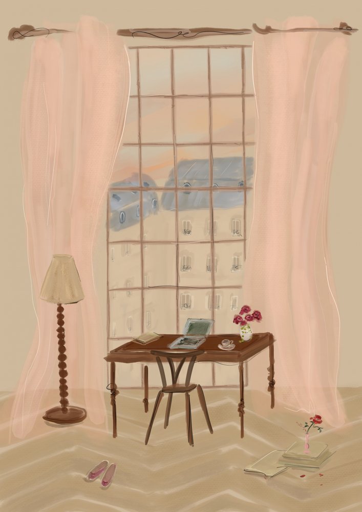 パリの窓辺の風景を描いたイラストと素朴なデスク 作： 