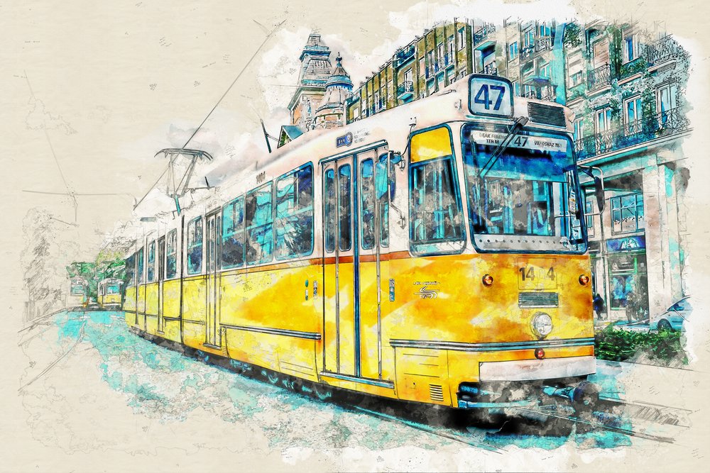 都市の路面電車 水彩画 作： 