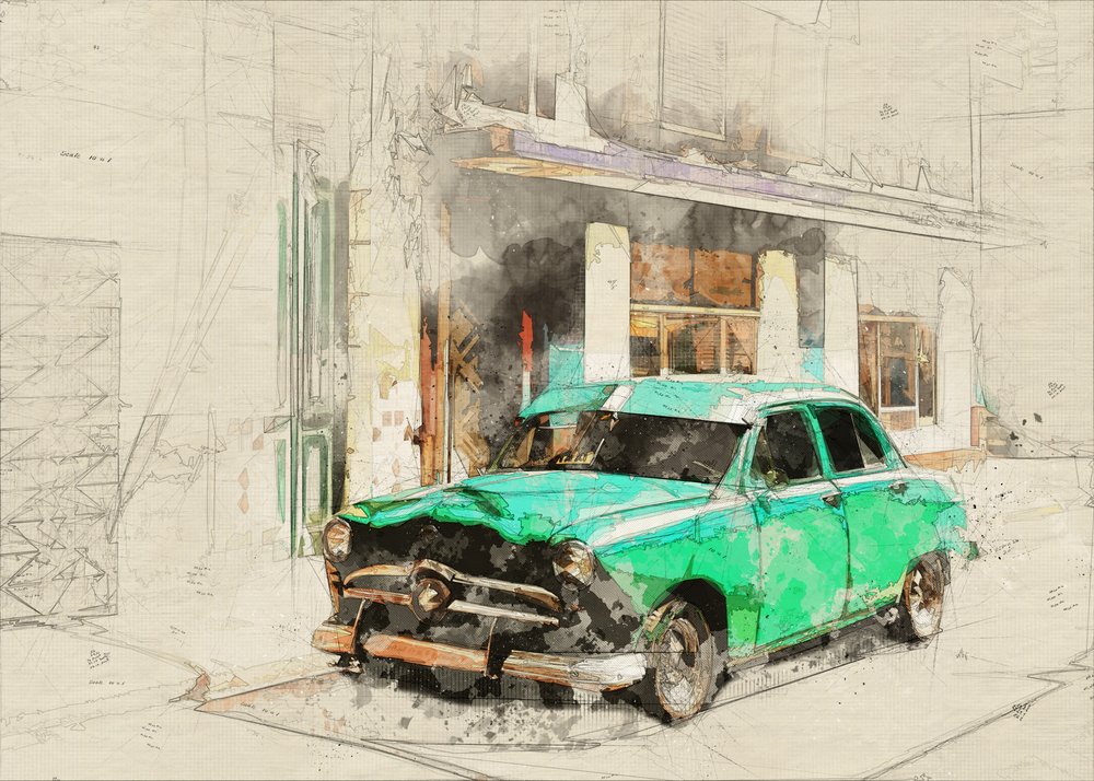 ヴィンテージの緑色の車のスケッチ 作： 
