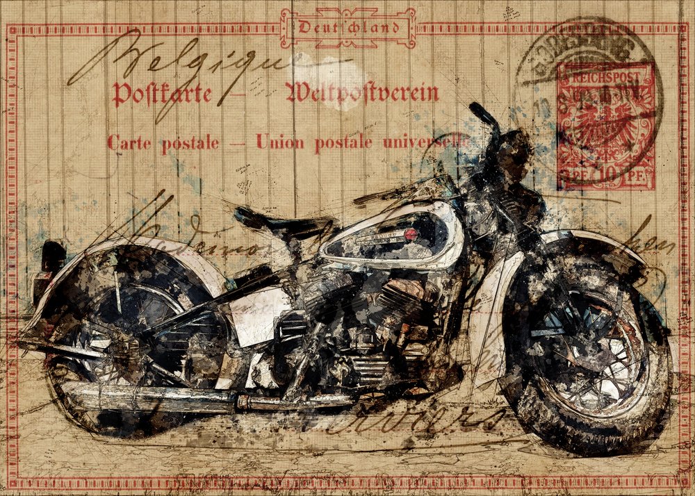 ビンテージ・オートバイの絵葉書 作： 