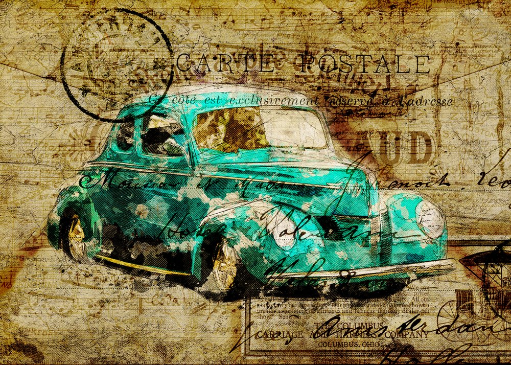 ヴィンテージのティール色の車の絵葉書 作： 