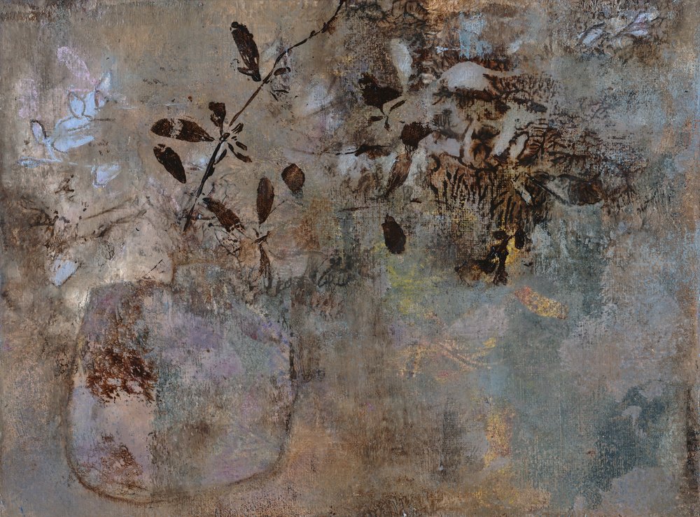 落ち着いた色合いの植物の静物画 作： 