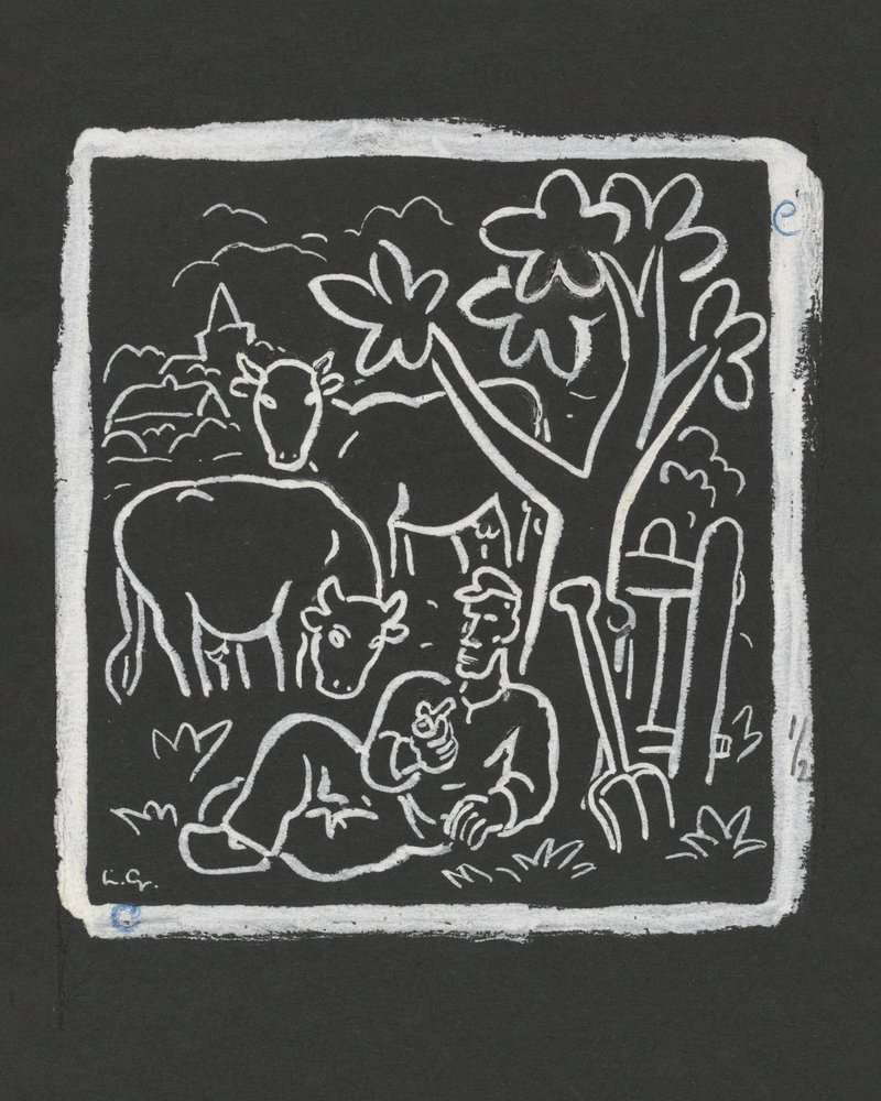 牛のいる牧草地で木陰に腰を下ろす農夫 (1891   1941) 作： レオ・ゲステル