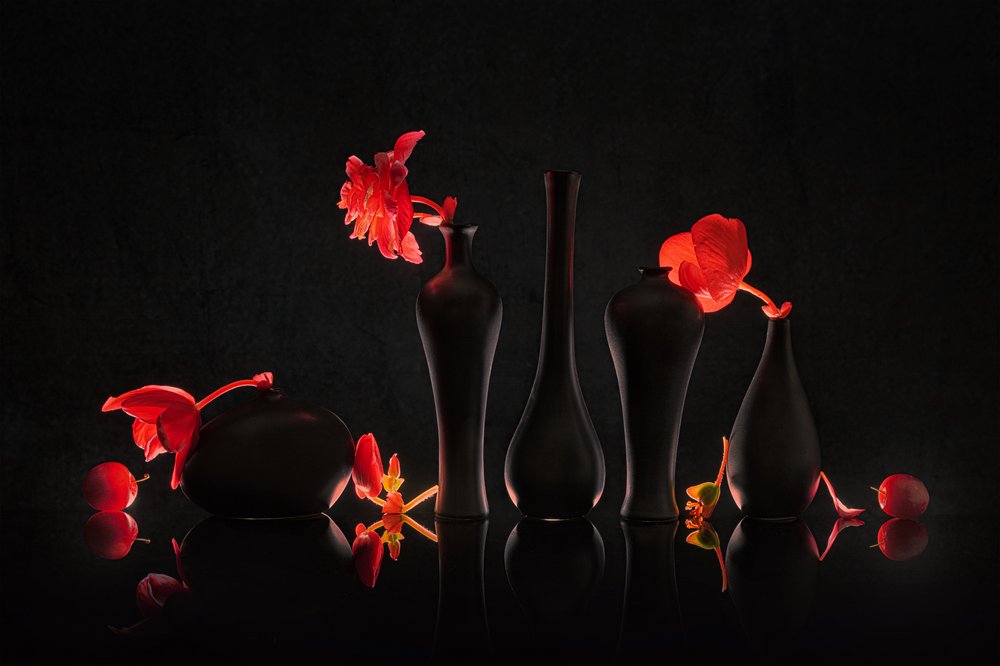 深紅の花が咲く黒い花瓶 作： 