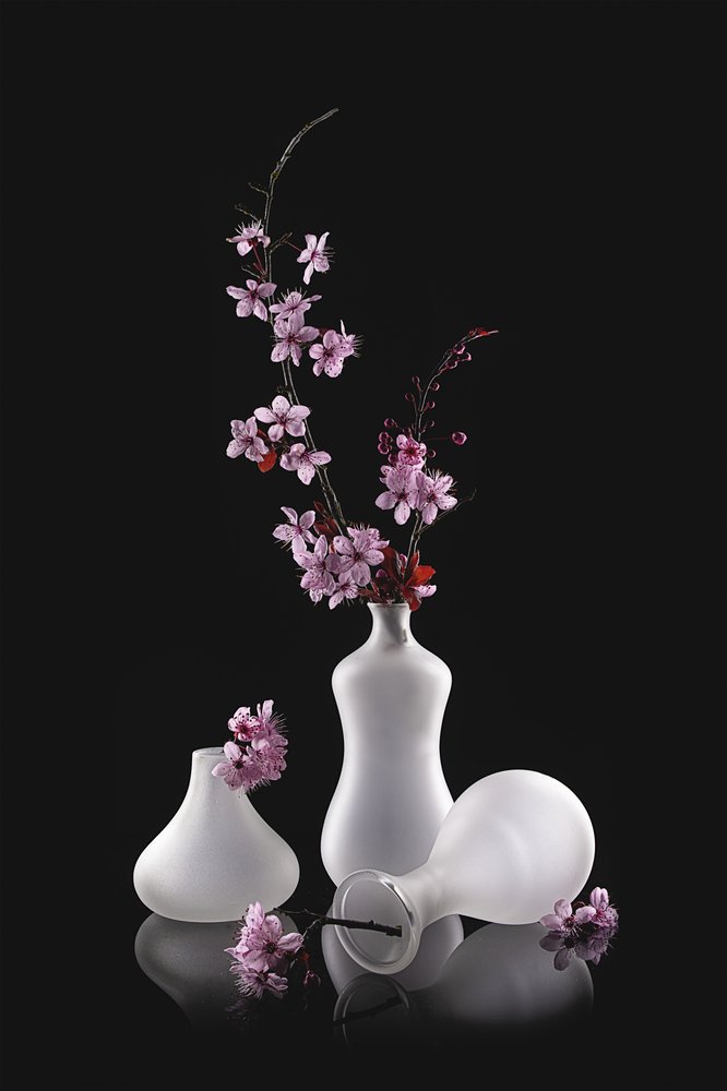 ピンクの花が咲く、つや消し加工の花瓶 作： 