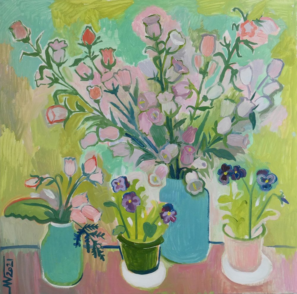 色鮮やかな静物画の花々 作： 