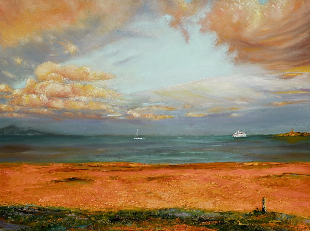オレンジ色の空の海景 作： 