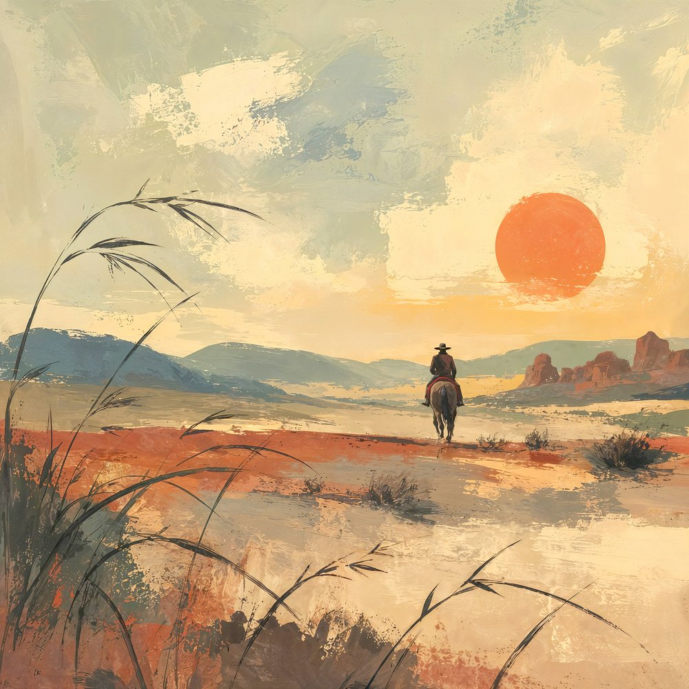砂漠のライダー　夕日 作： 