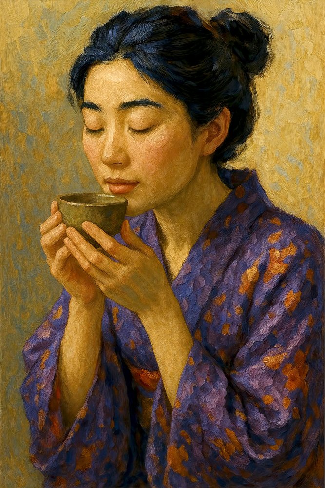 お茶を味わう日本人女性 作： 